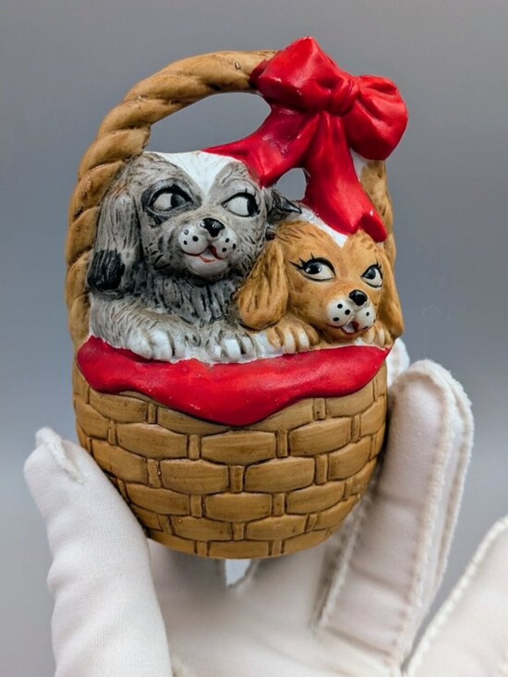 Vintage 1985 Giftco Porcelain Puppy Dog Basket Bell Figurine